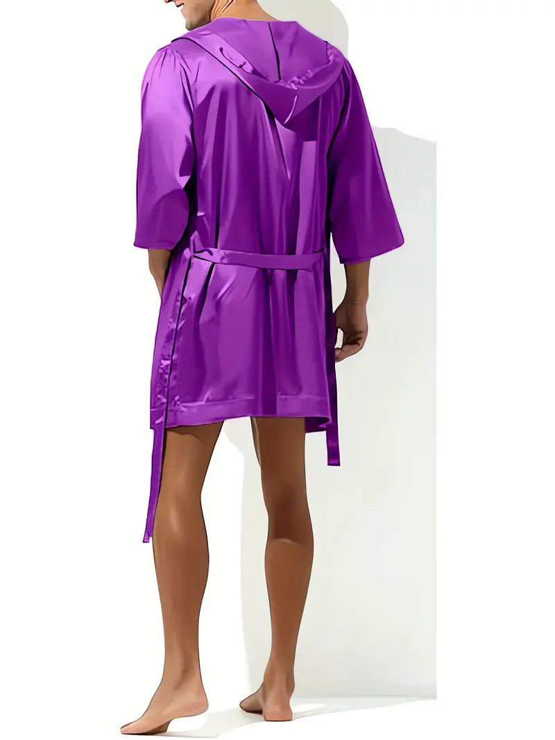 Peignoir sexy homme en satin – Kimono court brillant avec ceinture, Élégance & séduction