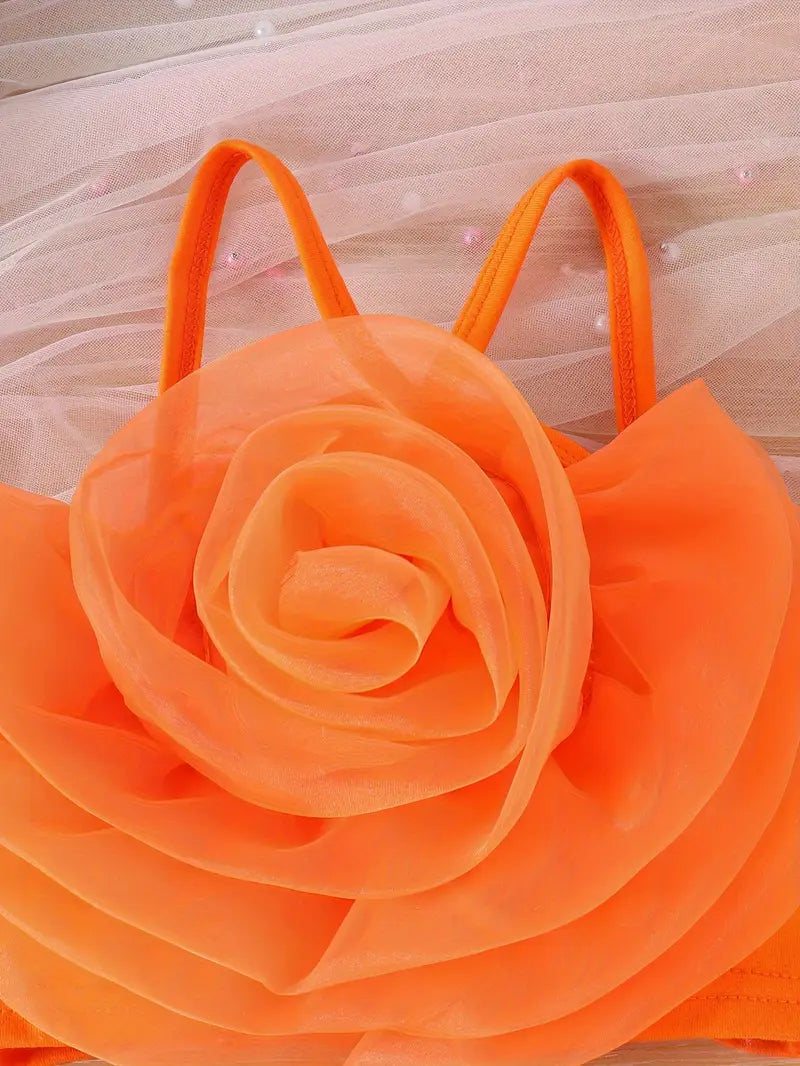 Hauts fille élégants – Top orange à fleur 3D avec short blanc chic d’été