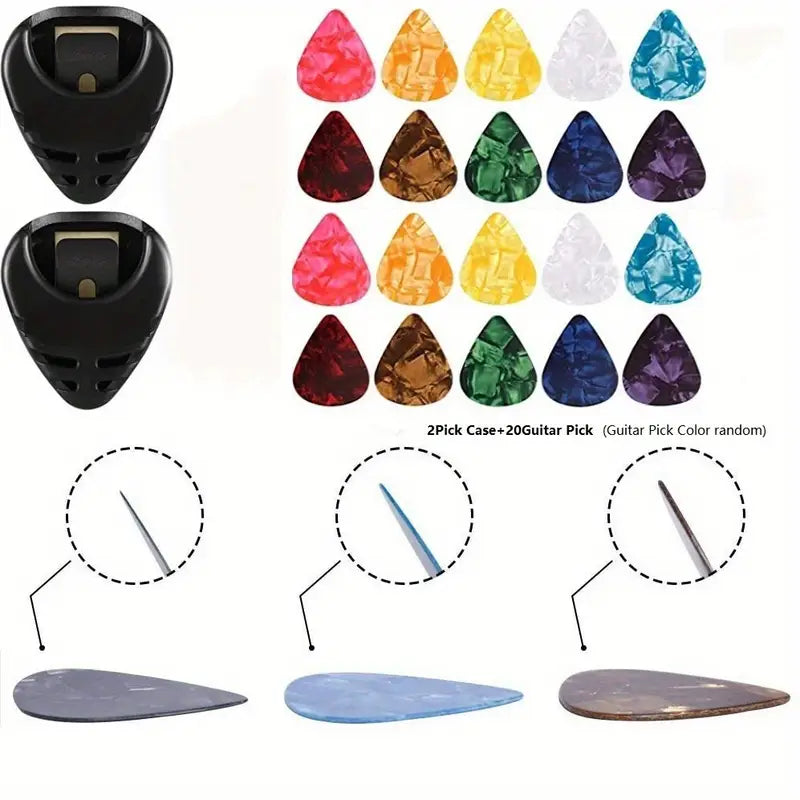 Lot de 20 Médiators Guitare et 2 Étuis Porte-Pick – Couleurs Aléatoires & Épaisseurs Variées