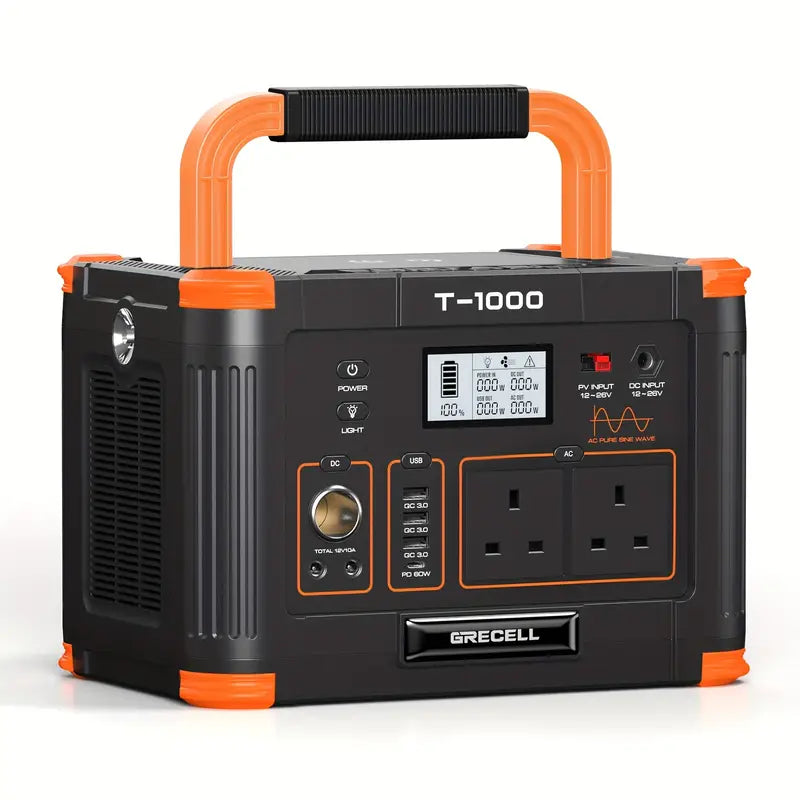 Générateur portable Grecell T-1000 – Station d’alimentation rechargeable 1000W avec prises USB, AC et éclairage LED