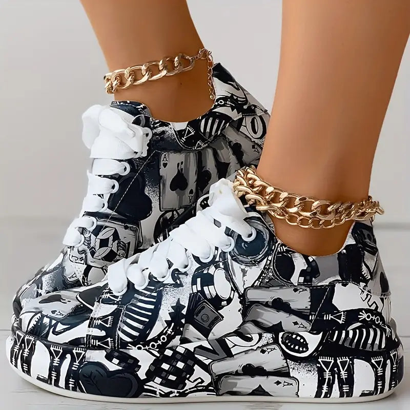 Baskets femme imprimé graffiti multicolore – Sneakers tendance streetwear confortables et respirantes
