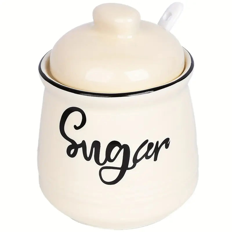 Pot à Sucre en Céramique avec Couvercle et Cuillère – Design Vintage pour Cuisine ou Petit-Déjeuner Chic