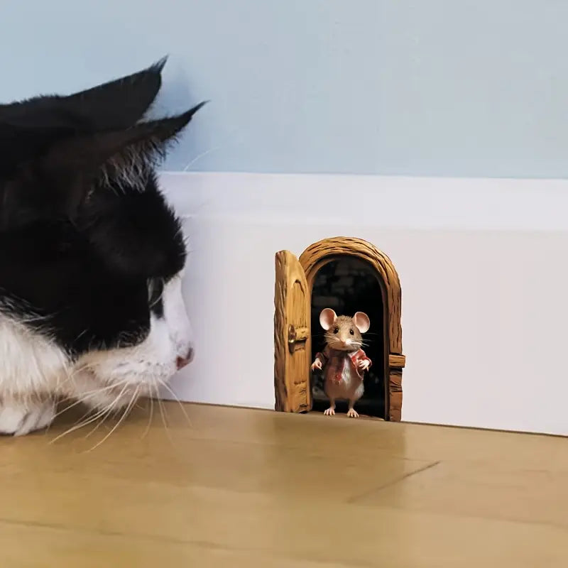 Sticker trompe-l'œil souris et porte en 3D – Autocollant mural amusant pour plinthes, enfants et déco originale