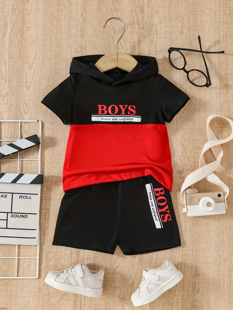 Ensemble Bébé Garçon Été avec Capuche – T-shirt Noir et Rouge + Short Sport Casual