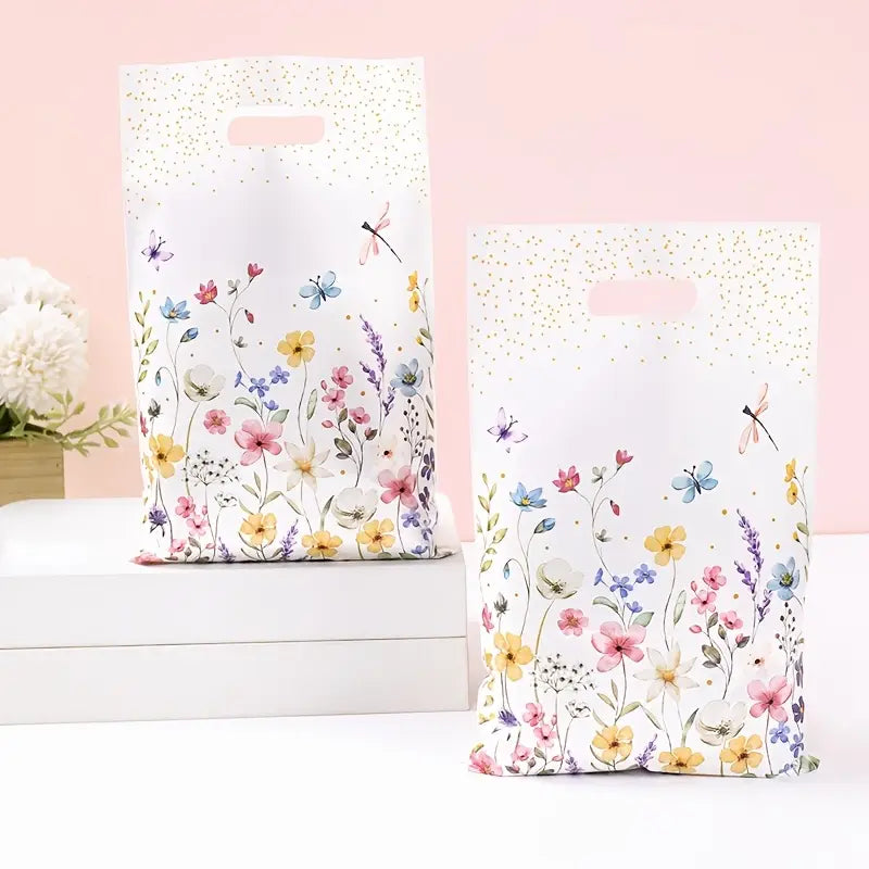 Sacs Cadeaux Plastique à Motifs Floraux – Sachets avec Poignée pour Anniversaire, Mariage et Emballages Cadeaux Élégants
