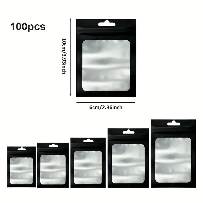 Lot de 100 Sacs Zip Transparente avec Fenêtre – Sachets Refermables Noir Mat 20x30cm pour Emballage et Expédition