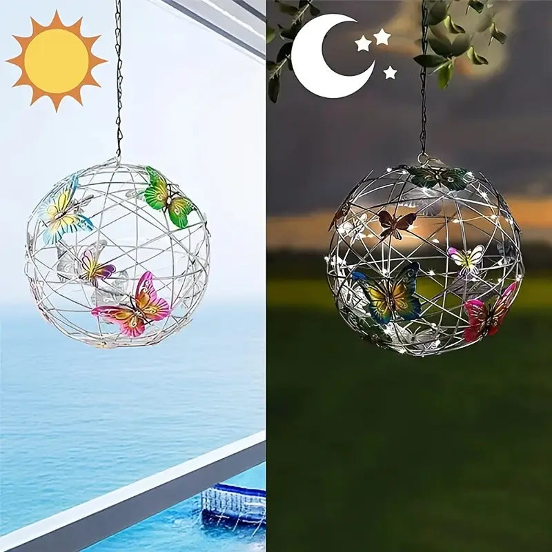 Lampe Solaire Suspendue LED en Boule – Éclairage Extérieur Déco avec Papillons pour Jardin et Terrasse