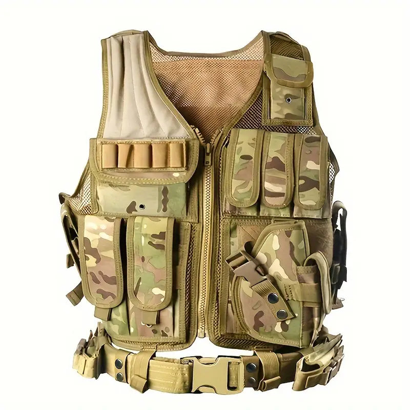 Gilet tactique militaire homme – Multi-poches avec ceinture ajustable pour airsoft, paintball et randonnée
