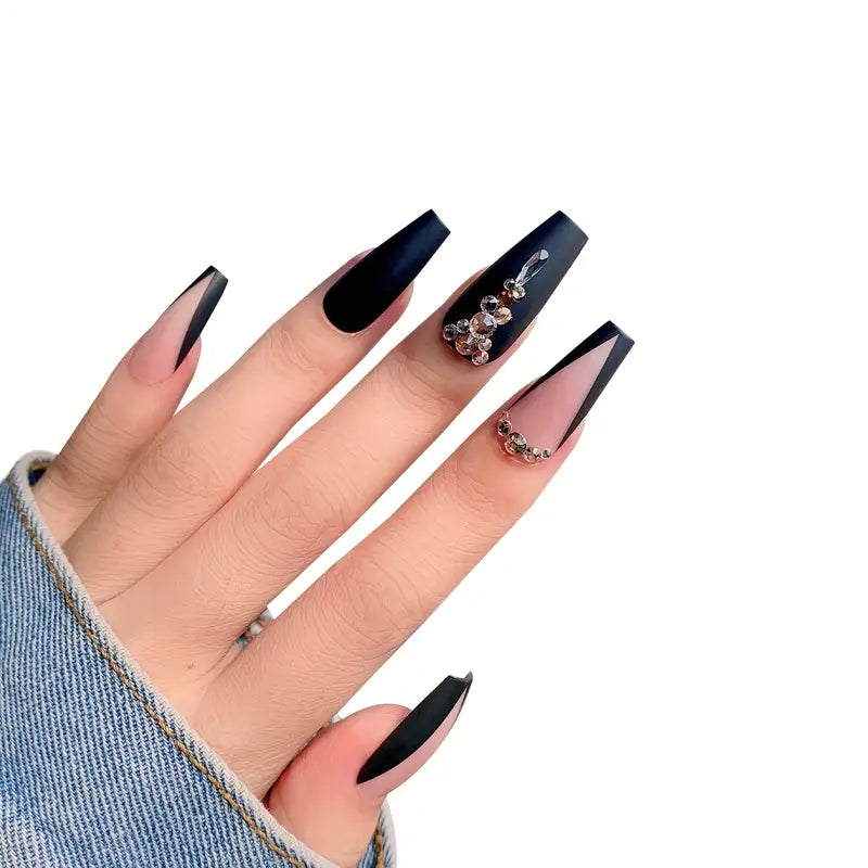 Faux Ongles Noirs et Nude Mat avec Strass – Design Pointu Élégant, Kit de 24 Pièces Prêt à Poser