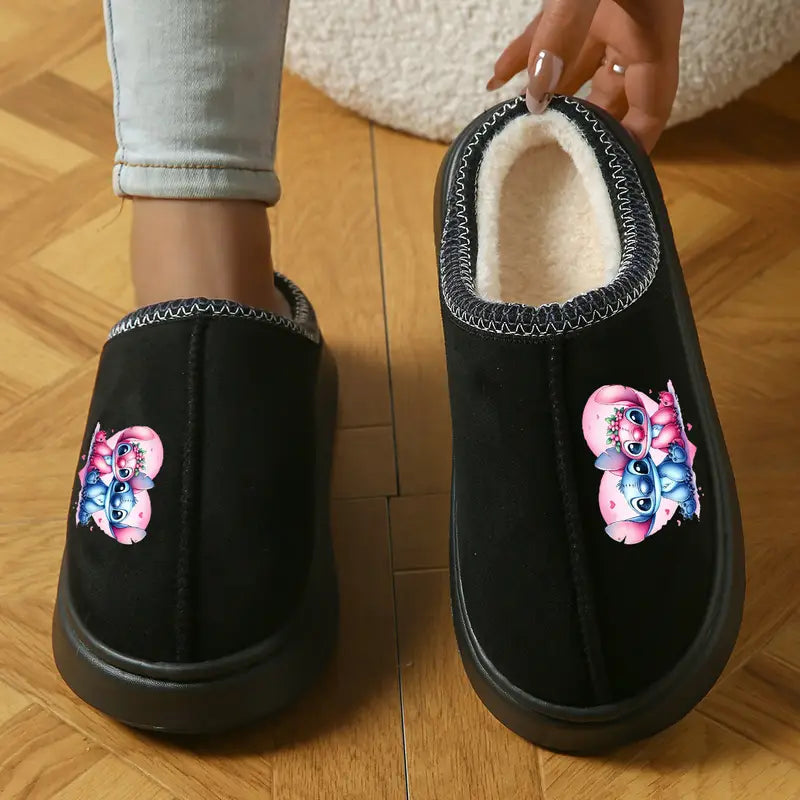 Mules fille d’hiver noires fourrées – Sabots chauds avec motif dessin animé mignon
