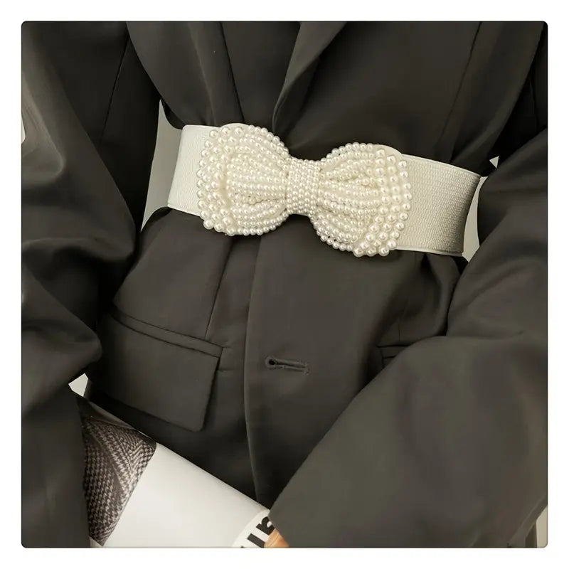 Ceinture Femme Élastique avec Nœud en Perles – Accessoire Chic et Élégant pour Robe et Manteau