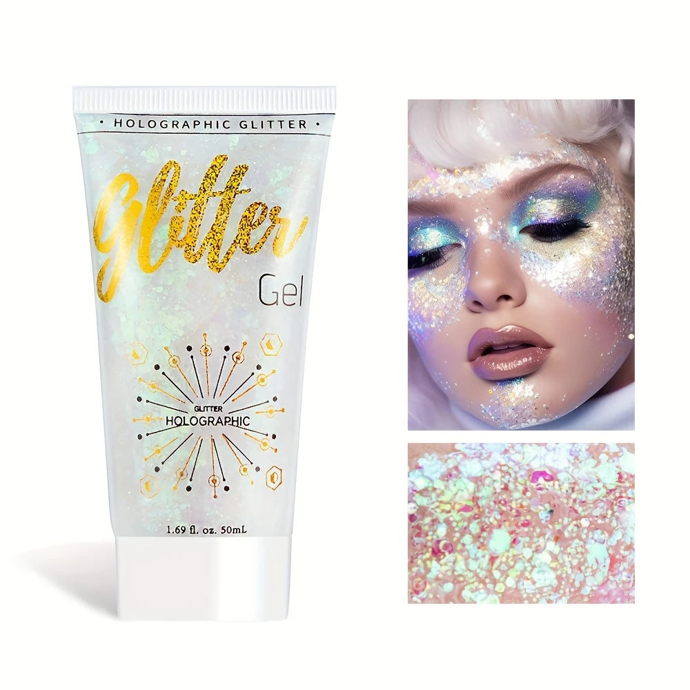Gel Pailleté Holographique Visage & Corps – Glitter Ultra Brillant pour Maquillage Festival