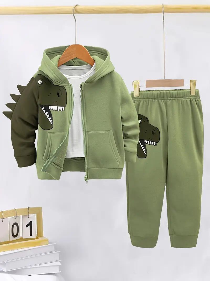 Ensemble Garçon Vert Dinosaure – Sweat à Capuche Zippé + Pantalon Jogging Confortable