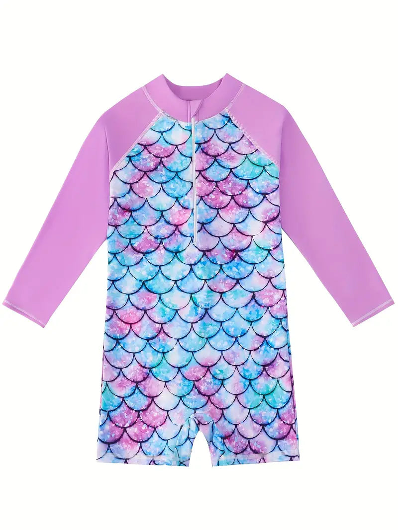 Maillot de bain fille une pièce manches longues – Combinaison sirène motif écailles multicolores