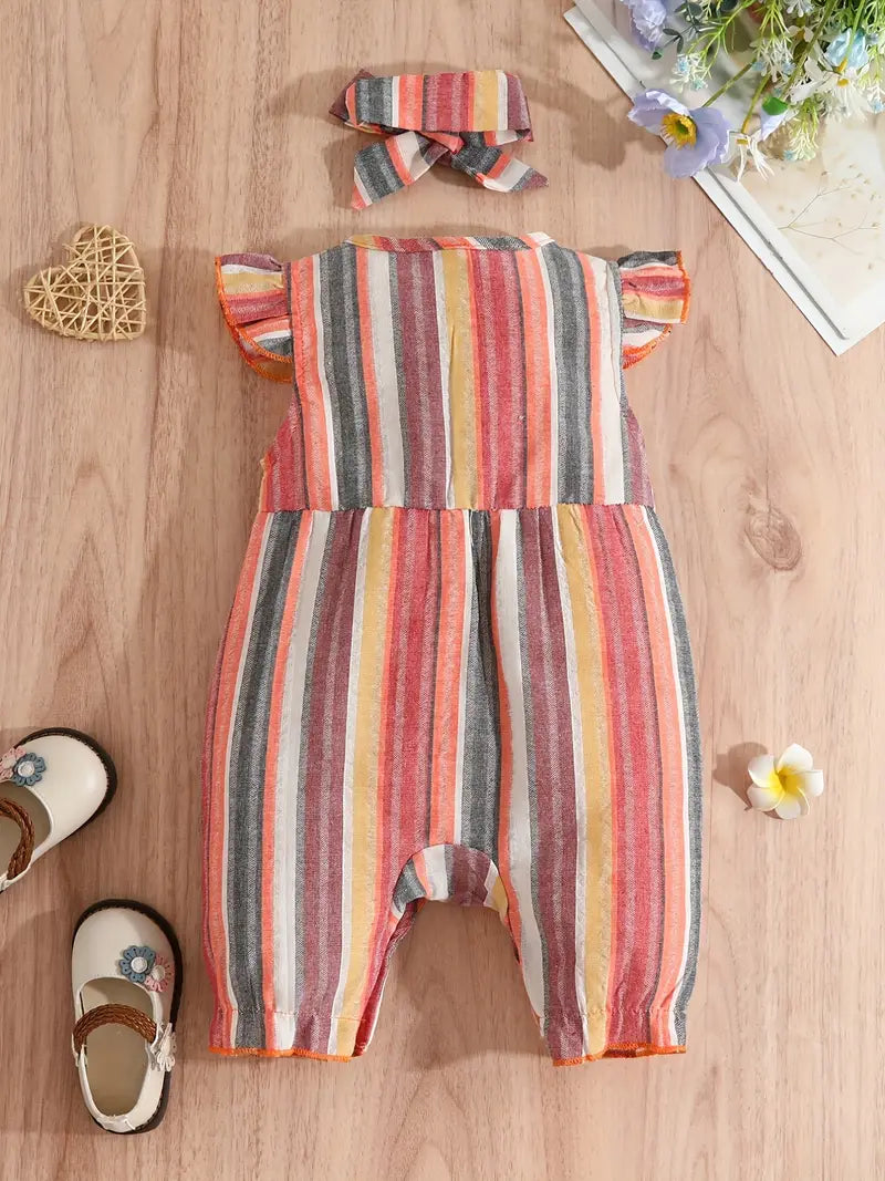 Combinaison bébé fille à rayures – Cadeau naissance avec nœud et bandeau assorti