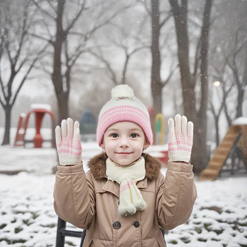 Ensemble Hiver Enfant – Bonnet Ours Pompon, Écharpe à Pompons et Gants Chauds