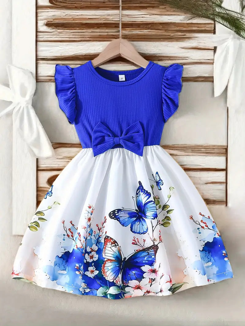 Robe fille été bleu et blanc à volants – Imprimé papillons et fleurs avec nœud