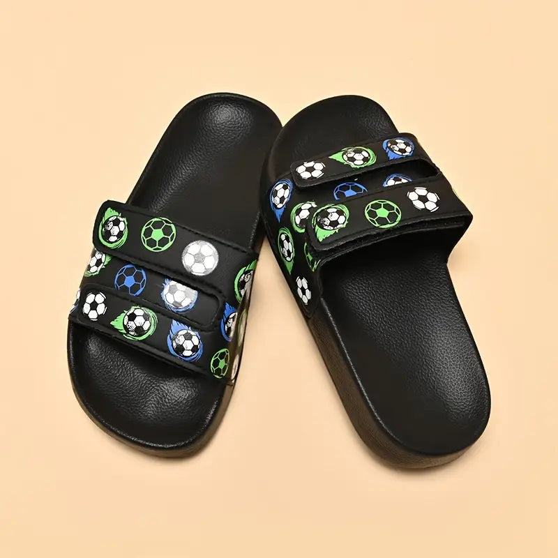 Sandales et pantoufles garçon – Claquettes noires à scratch avec motifs ballons de football confortables