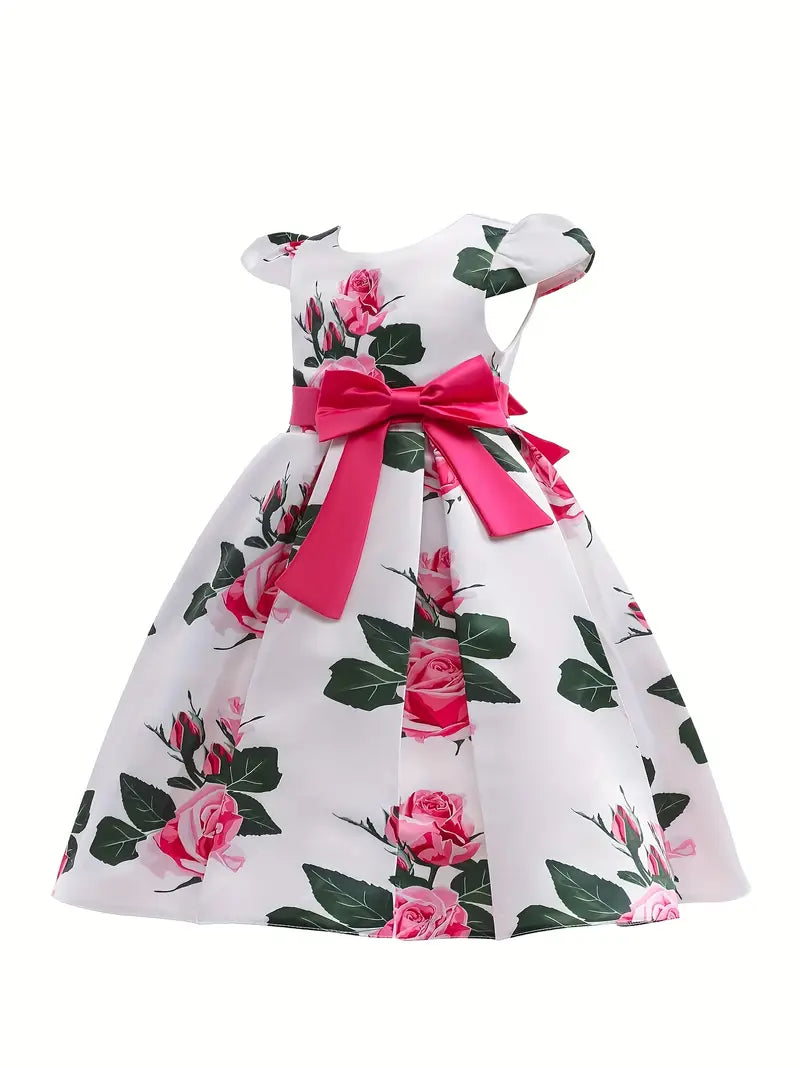 Robe fille élégante à fleurs multicolores – Robe de cérémonie avec grand nœud violet