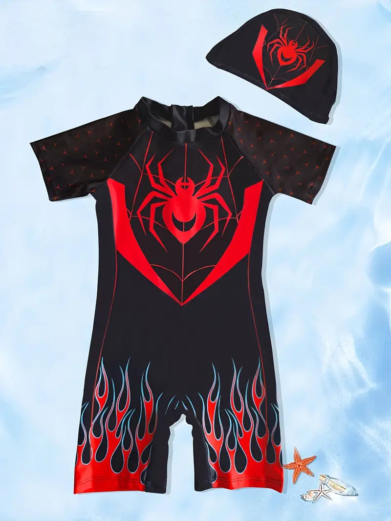 Maillot de bain garçon une pièce noir et rouge motif super-héros araignée + bonnet – Combinaison anti-UV été