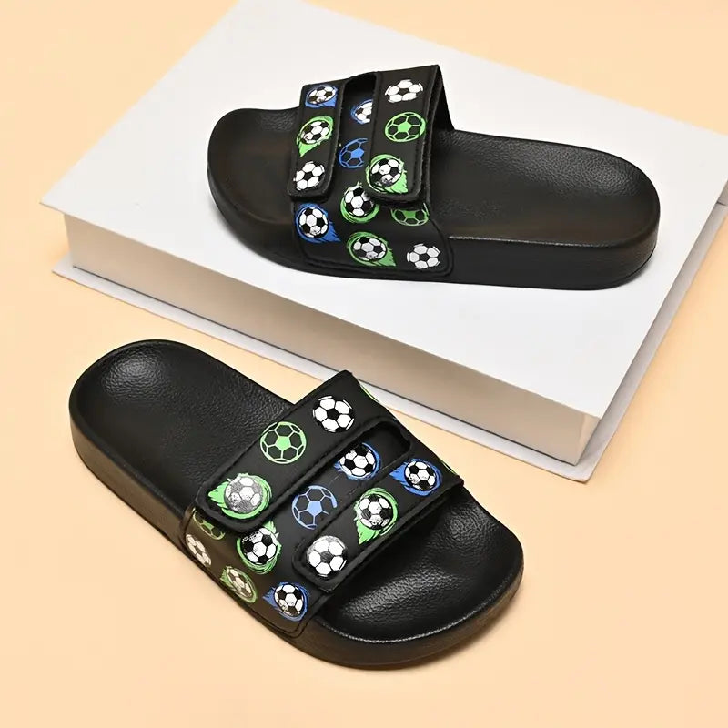 Sandales et pantoufles garçon – Claquettes noires à scratch avec motifs ballons de football confortables