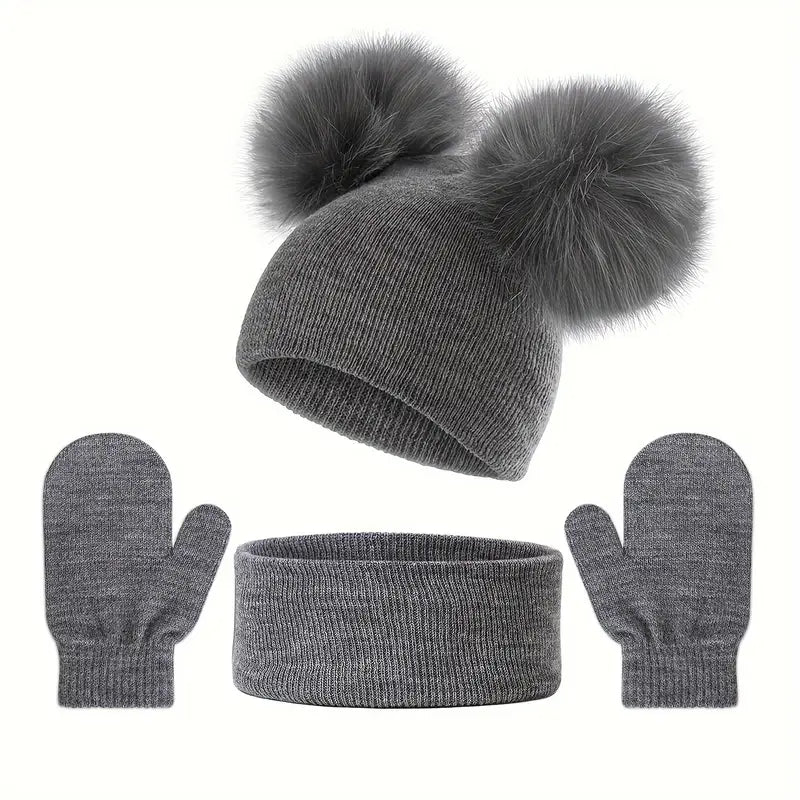 Ensemble Hiver Enfant – Bonnet Pompon Oreilles, Écharpe et Moufles Chaudes