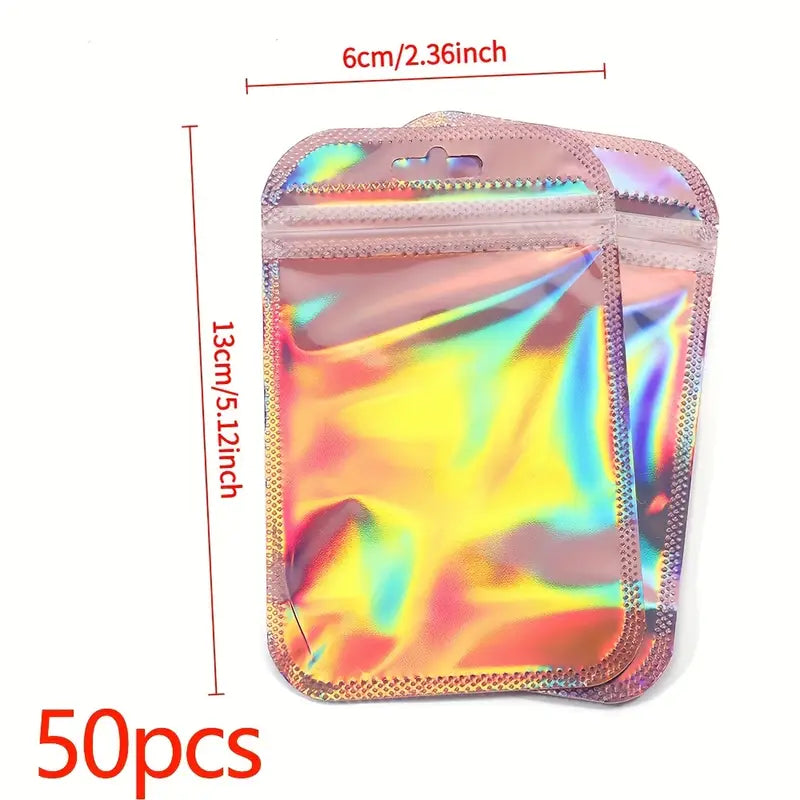 Sachets holographiques zip rose – Pochettes plastique refermables brillantes pour emballage cadeau, bijoux, bonbons ou artisanat
