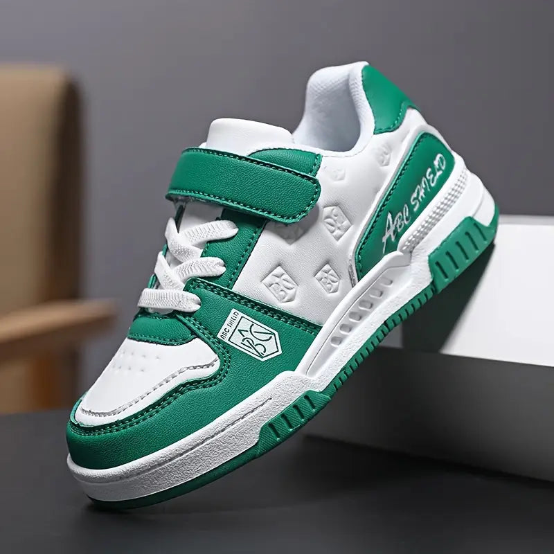 Chaussures garçon vert et blanc à scratch – Sneakers confortables sans lacets sport et école