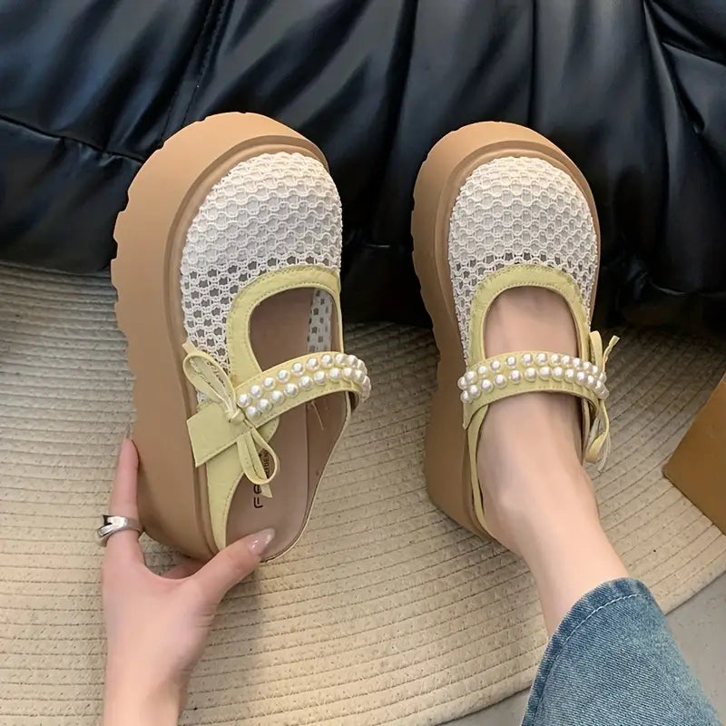 Mules fille plateforme tendance – Sabots ajourés avec perles décoratives et semelle épaisse