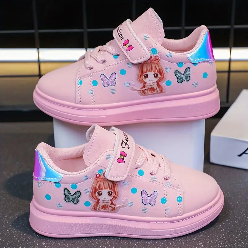 Baskets fille roses à scratch – Chaussures de sport confortables avec motif papillon et princesse