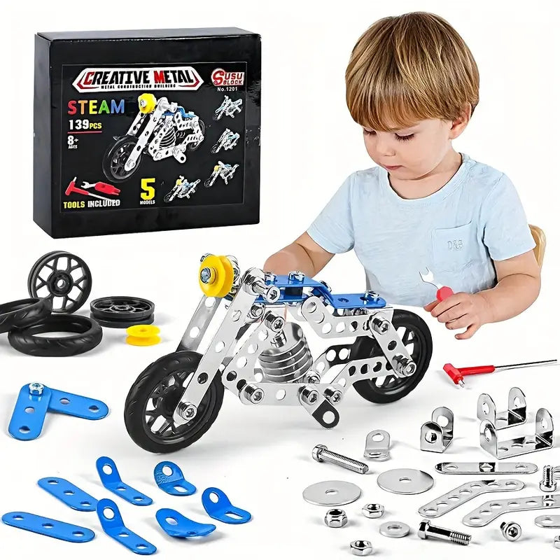 Kit de Construction Métal Moto 3D – 139 Pièces à Assembler avec Outils Inclus | Modélisme et Maquettes Éducatives