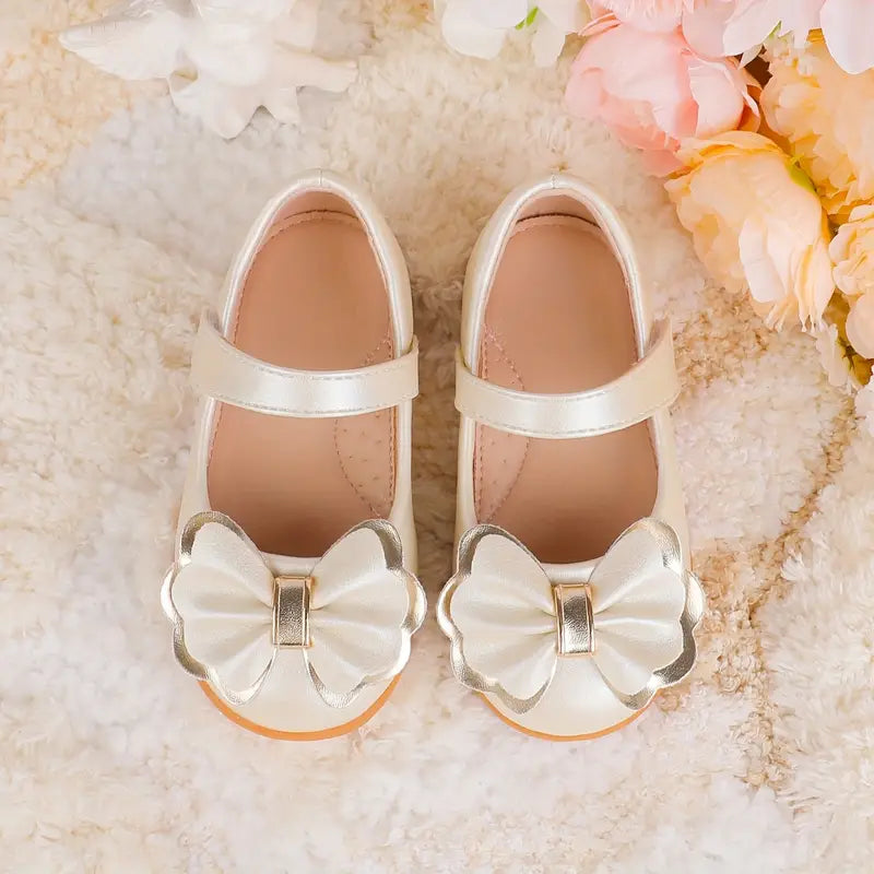 Chaussures fille élégantes sans lacets – Mocassins dorés avec nœud papillon pour cérémonie et fête