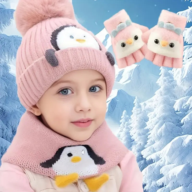 Ensemble Bonnet, Écharpe et Gants Enfant Hiver – Tricot Chaud Motif Pingouin