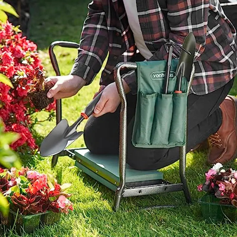 Tabouret de jardin pliable avec coussin et outils Siège agenouilloir confortable pour travaux de jardinage