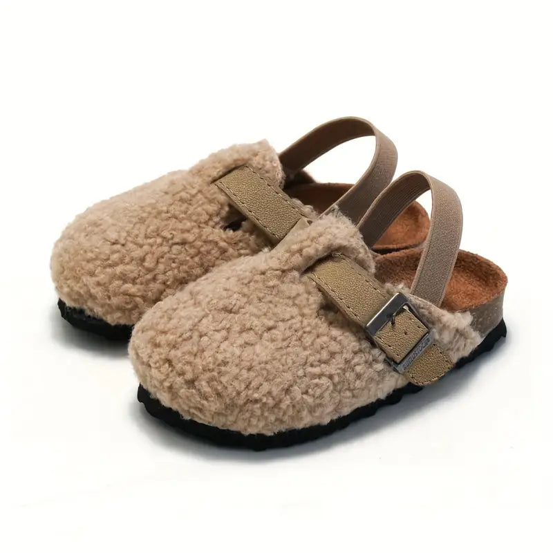 Mules fille fourrées en laine – Sabots chauds avec bride réglable et semelle confort