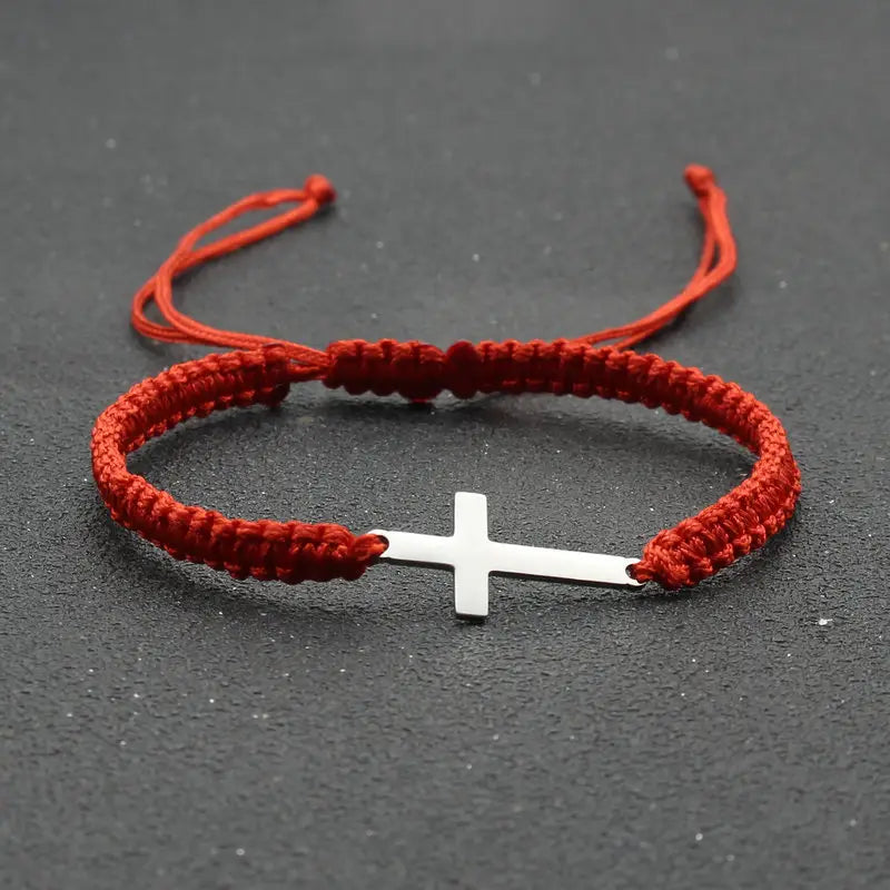 Bracelet homme croix en corde rouge tressée – Bijou religieux ajustable tendance