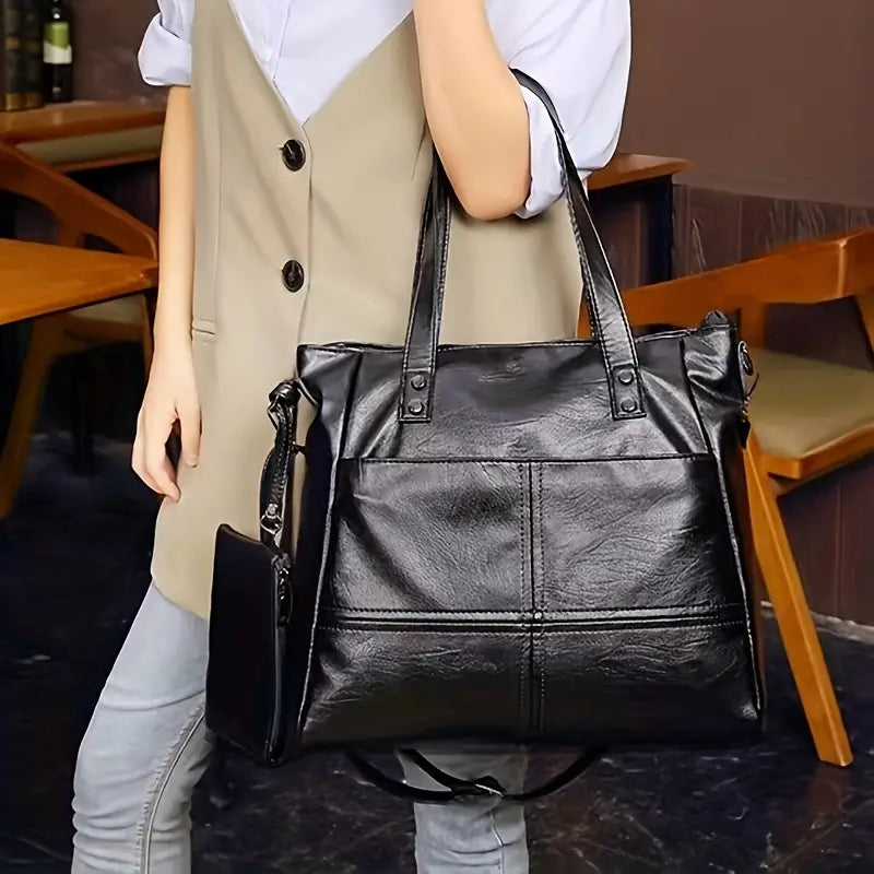 Sac Cabas Femme Noir Élégant en Simili Cuir – Grand Sac à Main avec Bandoulière et Pochette Amovible