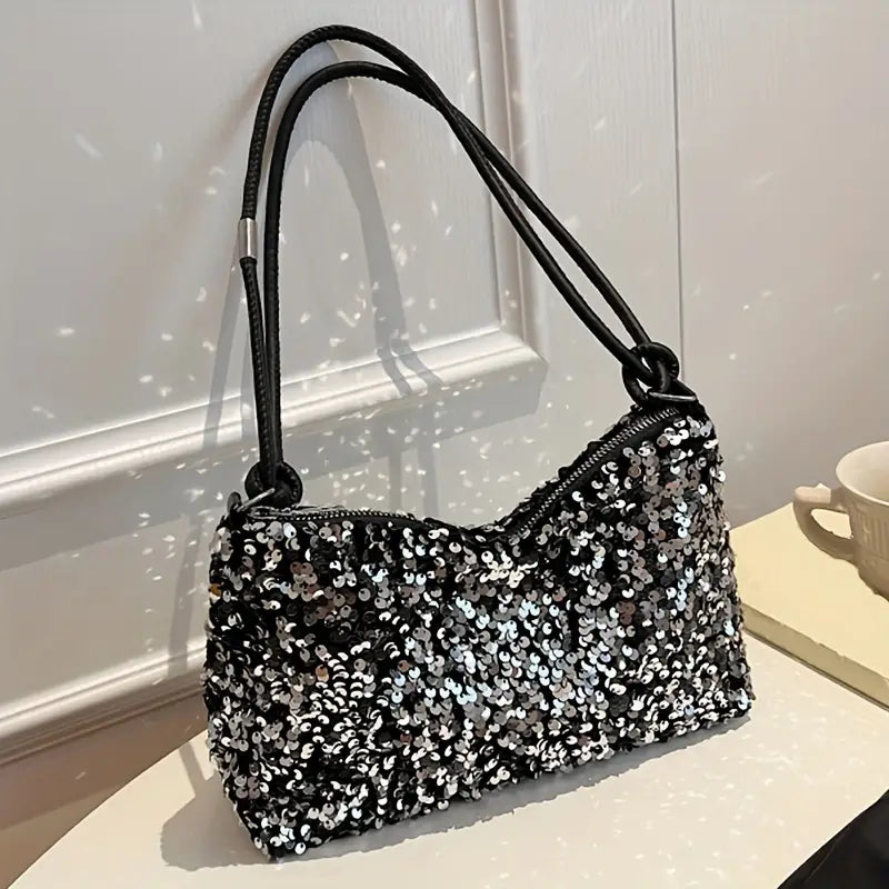 Pochette de soirée femme à sequins – Sac chic noir et argenté avec bandoulière