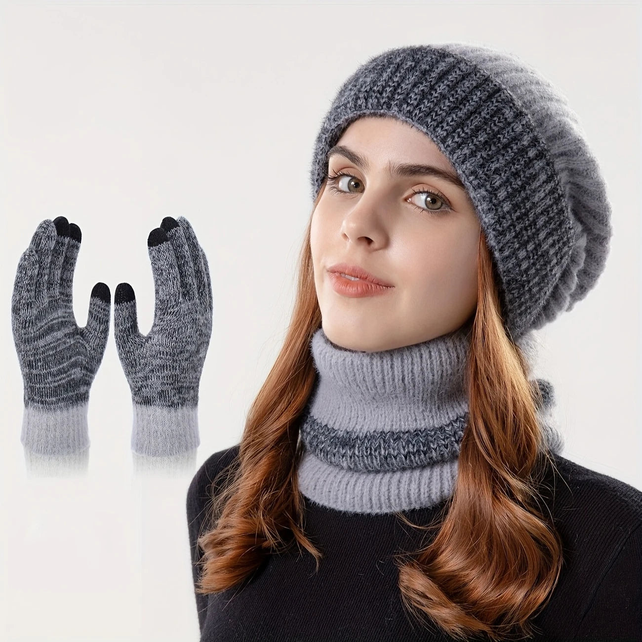 Ensemble Hiver Femme 2/3 Pièces – Bonnet, Tour de Cou et Gants Tactiles Chauds en Laine Tricotée