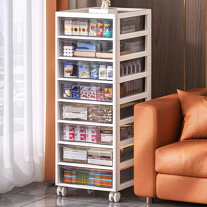 Tour de Rangement à Tiroirs Transparent sur Roulettes – Organisateur Multi-Niveaux pour Bureau et Boutique