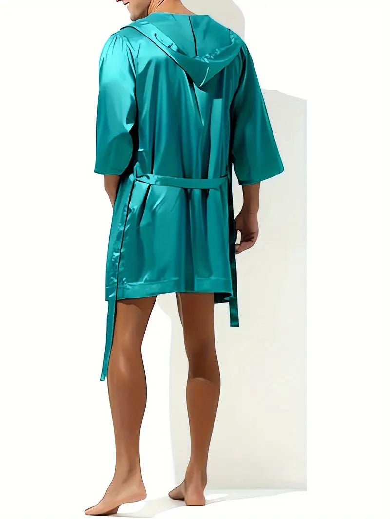 Peignoir sexy homme en satin – Kimono court brillant avec ceinture, Élégance & séduction