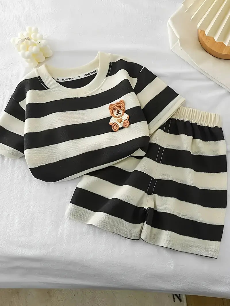 Ensemble chemise garçon rayé noir et blanc avec ourson brodé – t-shirt manches courtes et short été