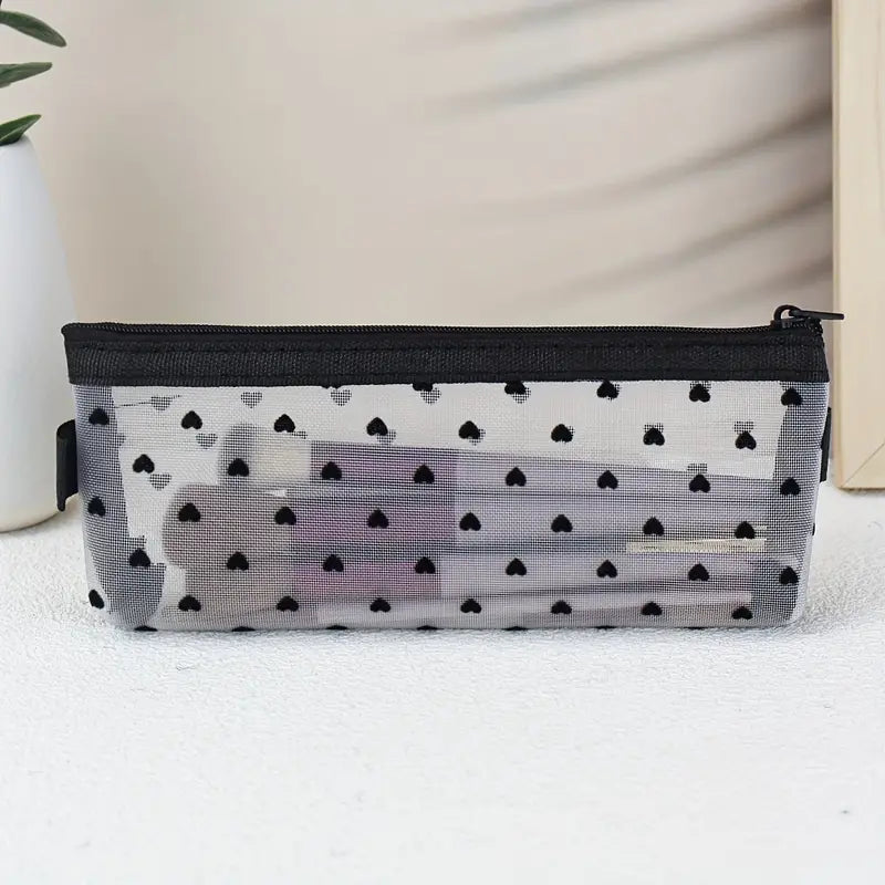 Trousse Maquillage Transparente en Maille avec Cœurs – Pochette de Rangement Stylée et Respirante