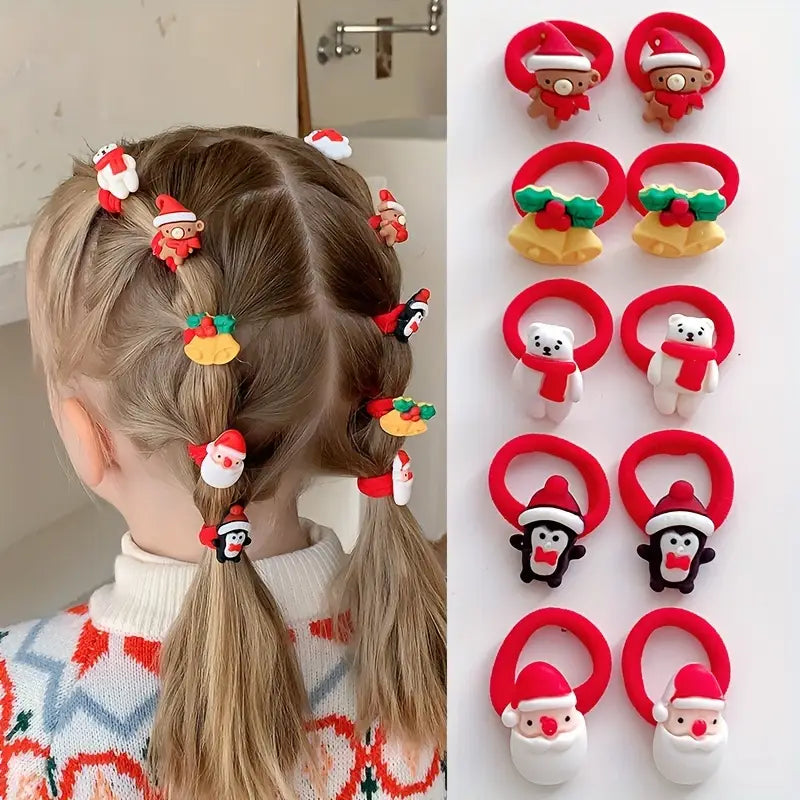 Lot d’Élastiques Cheveux Enfant Motifs de Noël – Accessoires Festifs Père Noël, Pingouin et Ourson