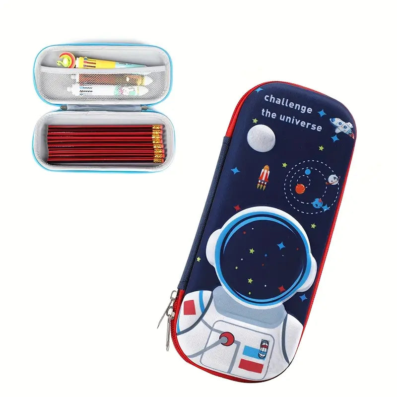 Trousse Scolaire Rigide Enfant Motif Astronaute et Dinosaure – Étui Crayons et Stylos