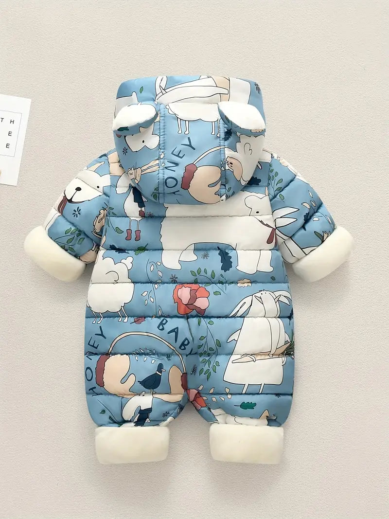 Combinaison Body Bébé Hiver Bleu Imprimé Animaux – Chaud, Doux et Confortable