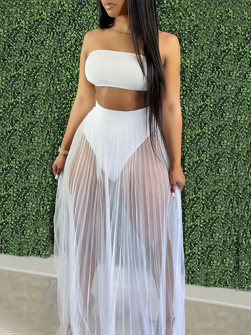 Ensemble Plage 2 Pièces – Haut Bandeau et Jupe Longue Transparente Plissée