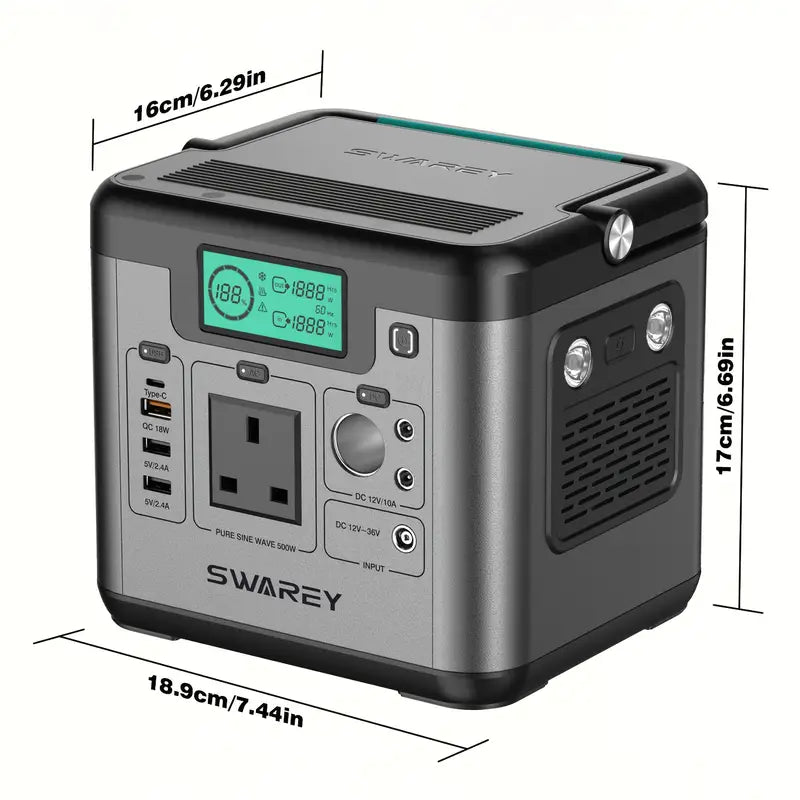 Station d’alimentation portable Swarey 500W – Générateur rechargeable compact avec prises USB, AC et lampe LED intégrée