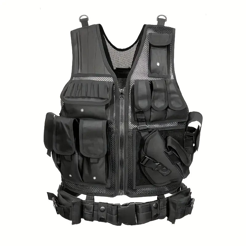 Gilet tactique militaire homme – Multi-poches avec ceinture ajustable pour airsoft, paintball et randonnée