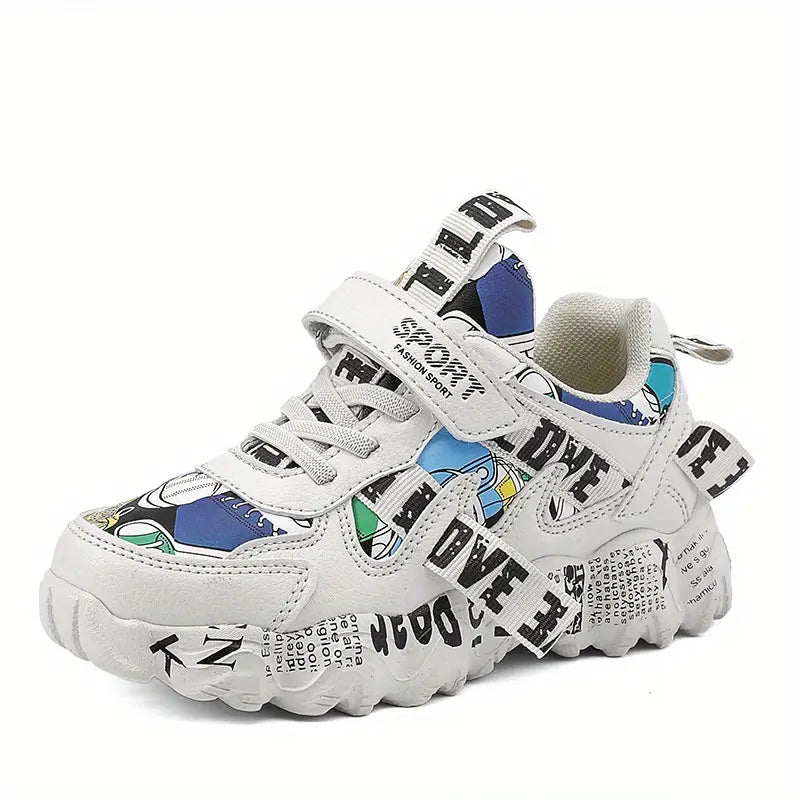 Baskets garçon – Chaussures de sport blanches à motifs graffitis noir et rouge tendance et confortables